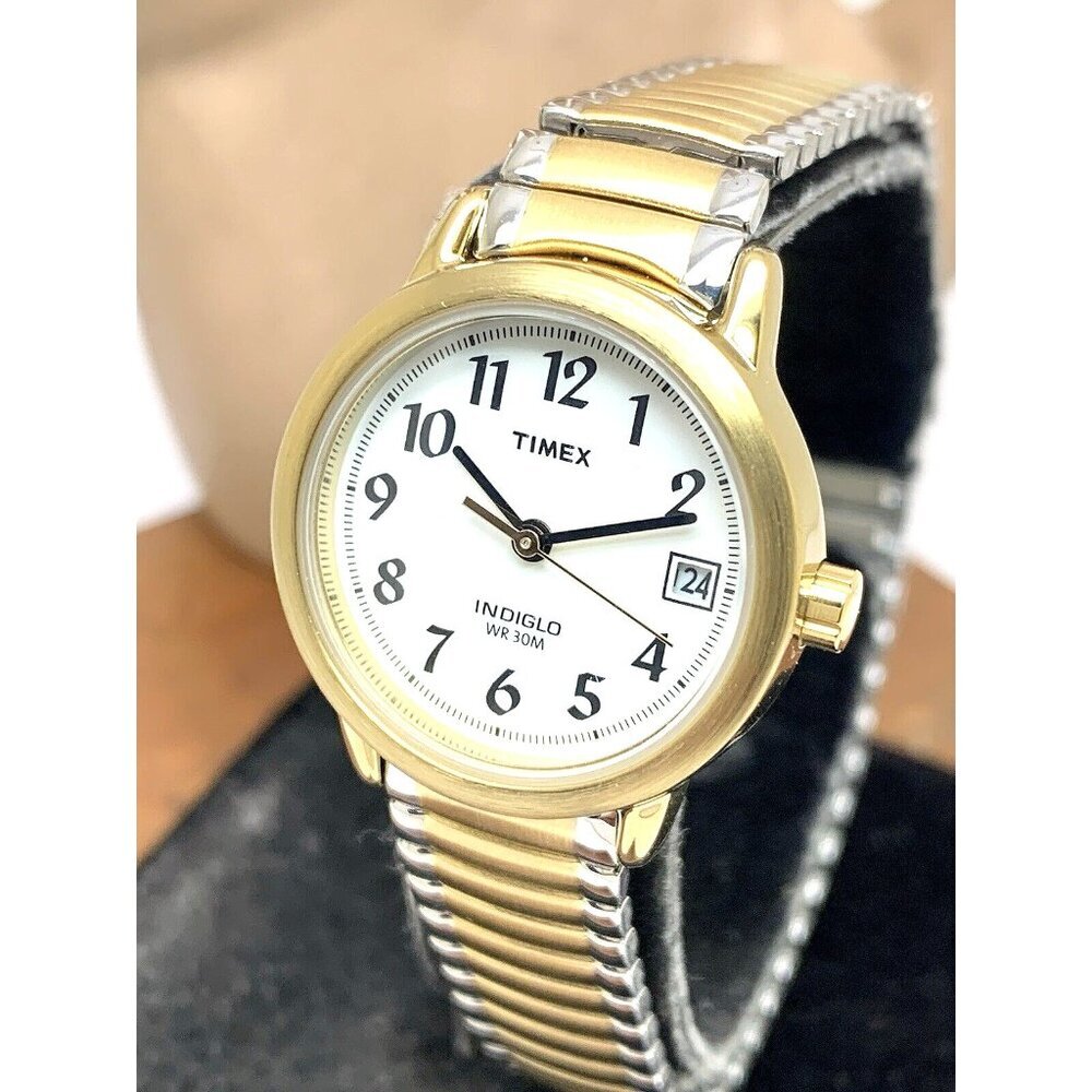 Timex Womens Watch T2H381 Indiglo Quartz Petite 2-Tone White Dial Expansion Band